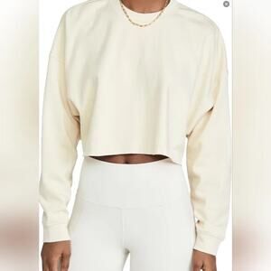 WeWoreWhat Cropped Raw Hem Thermal Sweatshirt Small Ivory Minimalist Lounge